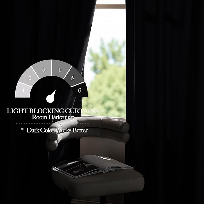 Cortinas opacas negras de 80 pulgadas de largo para dormitorio y sala de estar, cortinas con bolsillo para barra, cortinas suaves para protección de privacidad para ventanas