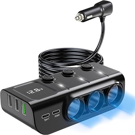 LIHAN Divisor de encendedor de cigarrillos para automóvil, adaptador de 3 enchufes de 8 en 1,120 W y 5 USB con interruptor de alimentación maestro, evita el drenaje de la batería, carga rápida USB-C PD36W, cable de 3.3 pies y medidor LED