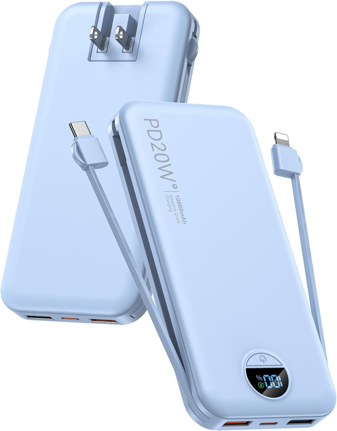 Cargador Portátil 10000mAh Cables Integrados Enchufe Pared Carga Rápida PD20W USB C Pantalla LED Compatible iPhone iPad Samsung Azul