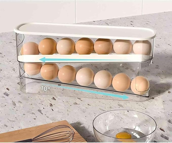 Soporte para huevos rodante automático para refrigerador, dispensador de huevos, organizador, almacenamiento y recipiente con tapa para refrigerador, bandeja de huevos resistente y duradera que ahorra