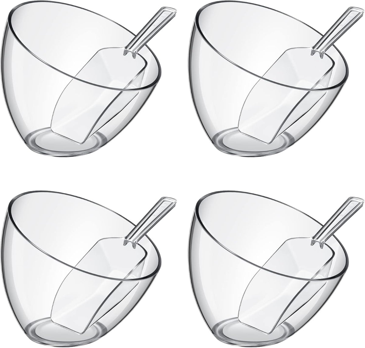 Hoolerry Juego 8 Cuencos Plástico Transparente | Palomitas Fiesta Dulces Ensalada | Cucharas Medidoras + Cucharas Acílico Angular | Set Completo | 8 Piezas