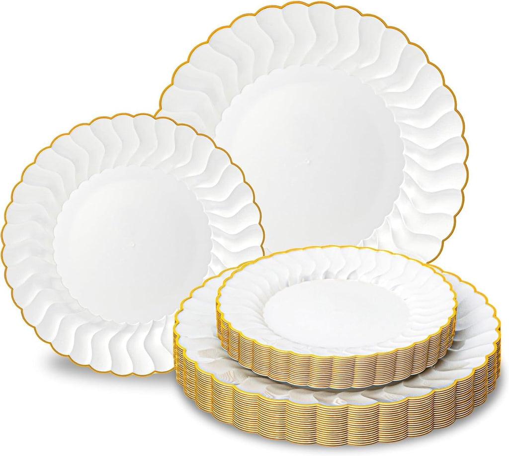 Lullaby 60-Pack Pearl White Scalloped Plastic Plates with Gold Rim - 30 Dinner Plates 10.25" + 30 Dessert Plates 7.5" - Food Grade - For Wedding, Party, Banquet, Daily Use