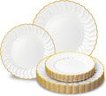 Lullaby 60-Pack Pearl White Scalloped Plastic Plates with Gold Rim - 30 Dinner Plates 10.25" + 30 Dessert Plates 7.5" - Food Grade - For Wedding, Party, Banquet, Daily Use