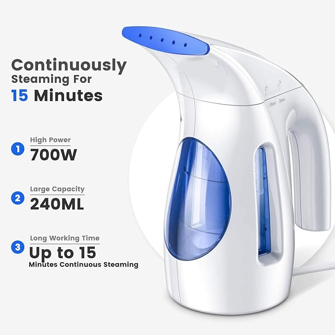 HiLIFE Vaporizador para ropa, vaporizador portátil de mano, gran capacidad de 8.1 fl oz, 700 W, potencia fuerte, removedor rápido de arrugas de tela con cepillo para el hogar, oficina (solo 120 V) - Azul