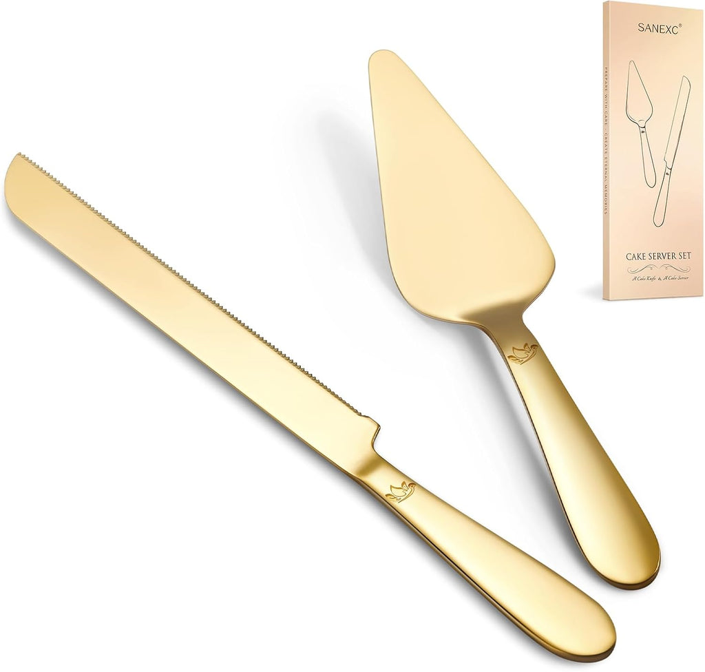 Set de Cuchillo y Espátula para Pastel Dorado | Acero Inoxidable | Bodas y Celebraciones | 2 Piezas
