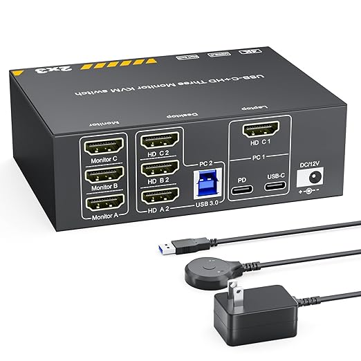 KVM Switch para 3 Monitores 4K@60Hz — USB-C HDMI, 1 Laptop y 1 Desktop, Docking Station, 4 USB 3.0, Carga PD 87W
