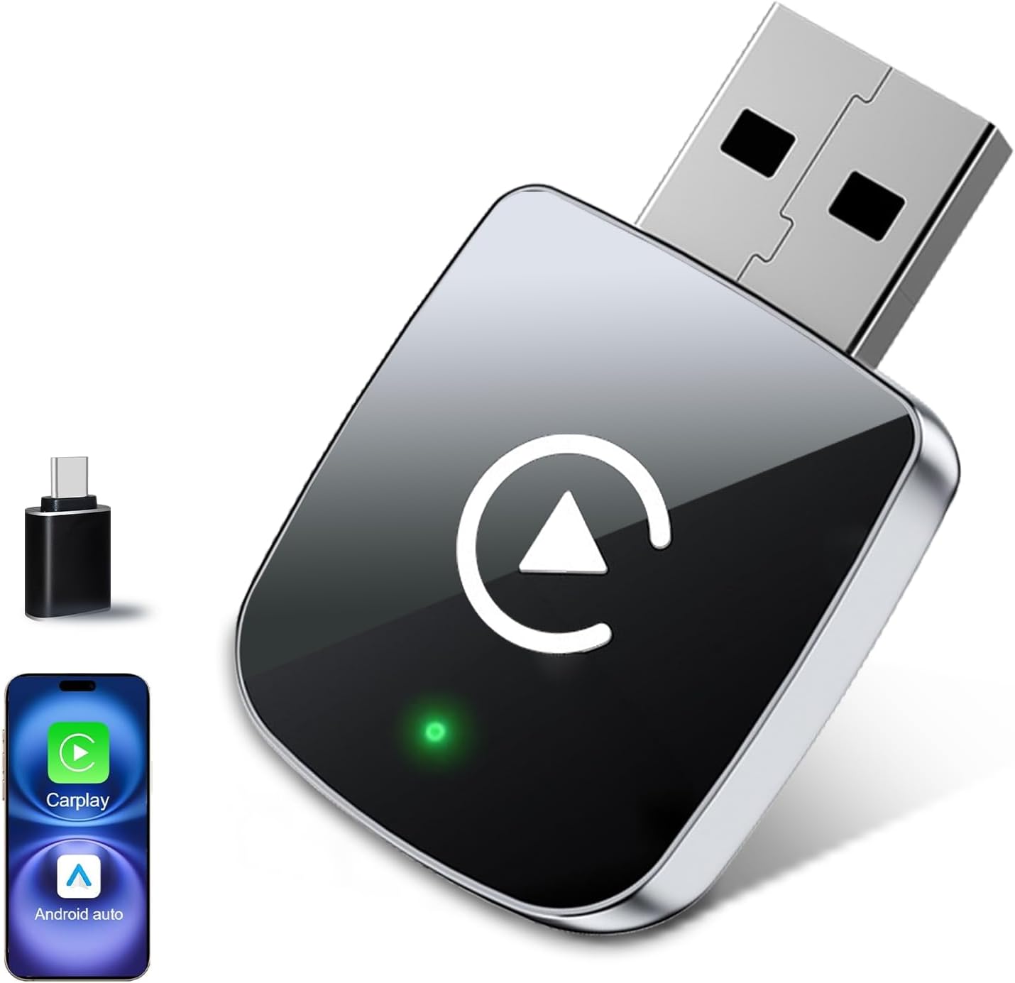 Adaptador CarPlay Inalámbrico Mini 2 en 1 para iPhone y Android Auto – Convierte Cableado a Inalámbrico, Plug & Play, USB-A y USB-C