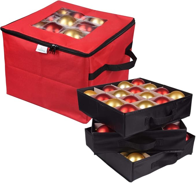 Caja Organizadora de Esferas Navideñas Keten — 128 Esferas 3", 8 Bandejas, 48 Divisores, Oxford 600D, Rojo