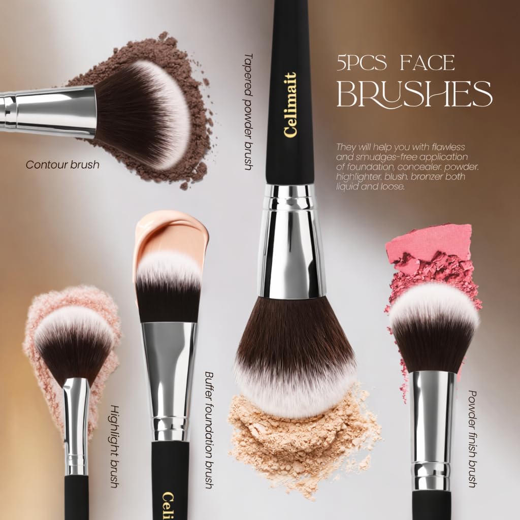 Juego de brochas de maquillaje con estuche de viaje, cerdas sintéticas suaves, kit de brochas de maquillaje para base de polvo, rubor, corrector de sombra de ojos, pinceles para ojos