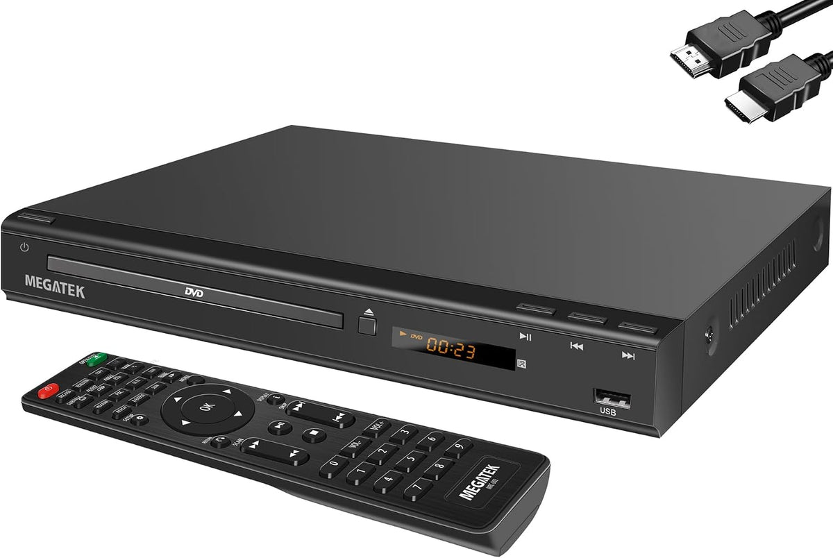 Reproductor de DVD HDMI multirregión MEGATEK para TV, reproductor de CD/DVD compacto para Smart TV, puerto USB, reproduce DVD de todas las regiones y múltiples formatos, carcasa metálica, cables HDMI/RCA y control remoto incluidos.