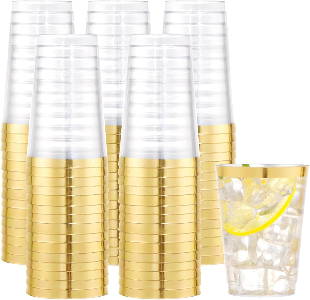 I00000 100 Piezas Vasos de Plastico Oro | 10 oz Transparentes con Borde Dorado | Vasos Duros Desechables para Fiestas, Bodas y Eventos Premium