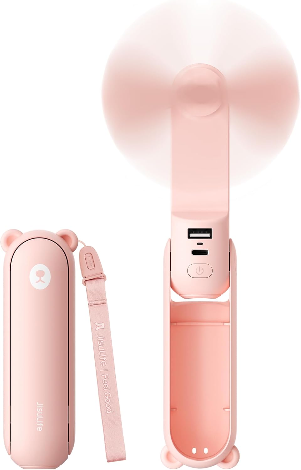 Ventilador Mini JISULIFE 3 en 1 Portátil Batería Externa Linterna 19H USB Recargable Tamaño Bolsillo Viaje Conciertos Rosa