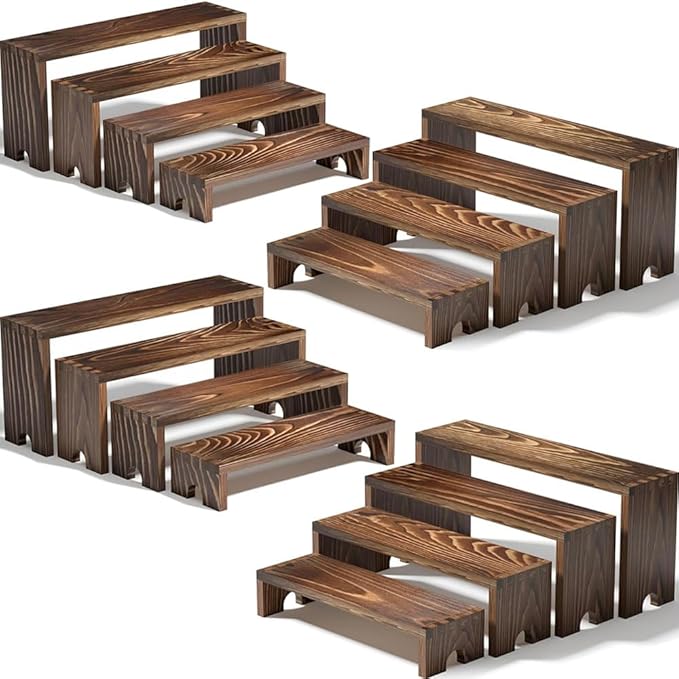 Juego de 4 soportes de exhibición grandes de madera escalonados para eventos de proveedores, organizador de perfumes apilables, soporte de colonia para hombres y mujeres, soporte de cupcakes y postres