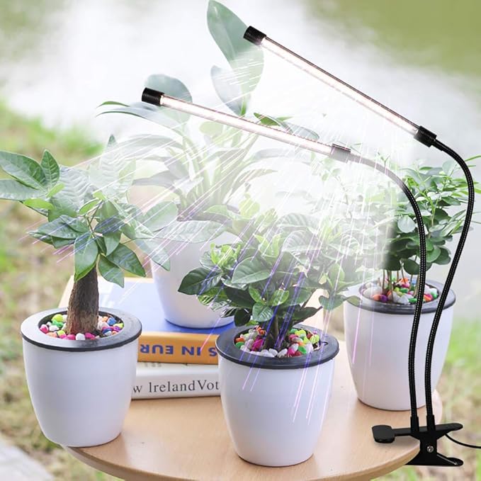 GooingTop Luz LED de crecimiento, 6000 K, lámpara de cultivo de plantas con clip de espectro completo con LED blanco y rojo para plantas de interior, 5 niveles regulables, temporizador de encendido