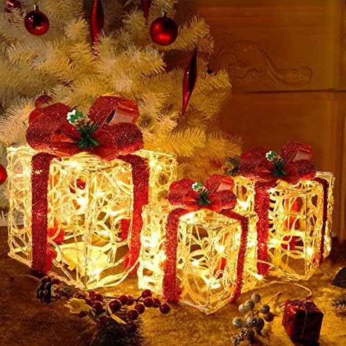 ATDAWN Juego de 3 cajas de regalo iluminadas, decoraciones de Navidad, cajas de regalo de acrílico transparente, decoraciones de caja de regalo de Navidad para el hogar