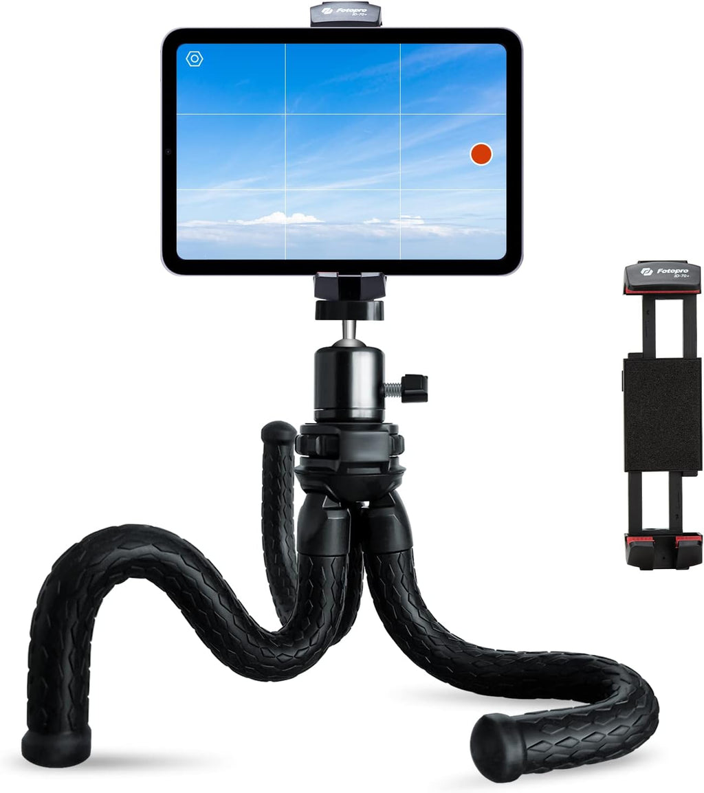 Trípode Fotopro para iPad con rótula de 360 ​​grados para cámara, teléfono, tableta y más. Zapata fría, soporte flexible para teléfono y tableta para vlogs, transmisiones en vivo y selfies. 