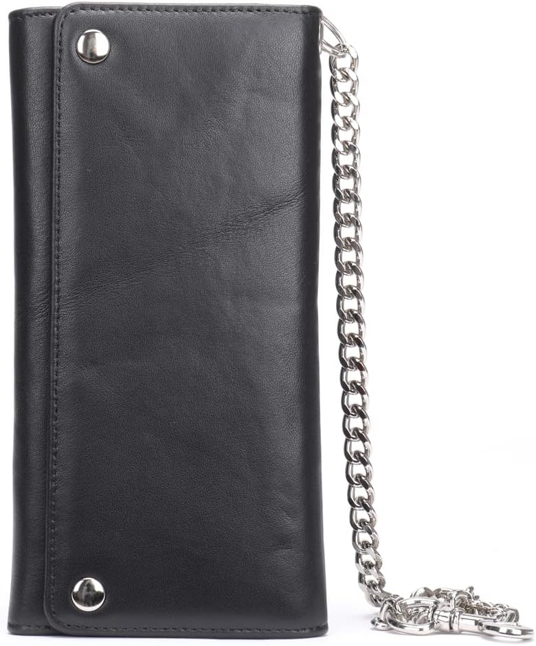 NIUCUNZH Billetera de Cuero Genuino con Cadena para Hombre | Estilo Biker/Trucker, Trifold Larga, Uso Rudo, Marron