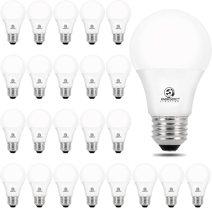 Energetic - Paquete de 24 bombillas LED equivalentes a 60 W, color blanco cálido A19 3000K, base E26, no regulable, 8 W 760 lm, certificación ETL