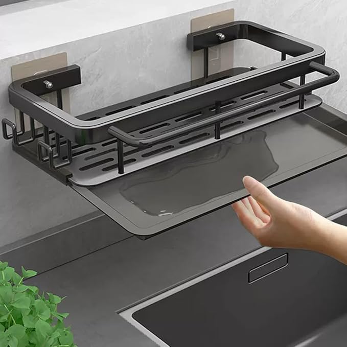 Organizador de Fregadero Cocina, Soporte Estropajo Fregadero Negro con Bandeja Drenaje, Multifuncional Porta de Fregadero sin taladrar para Cocina, Baño