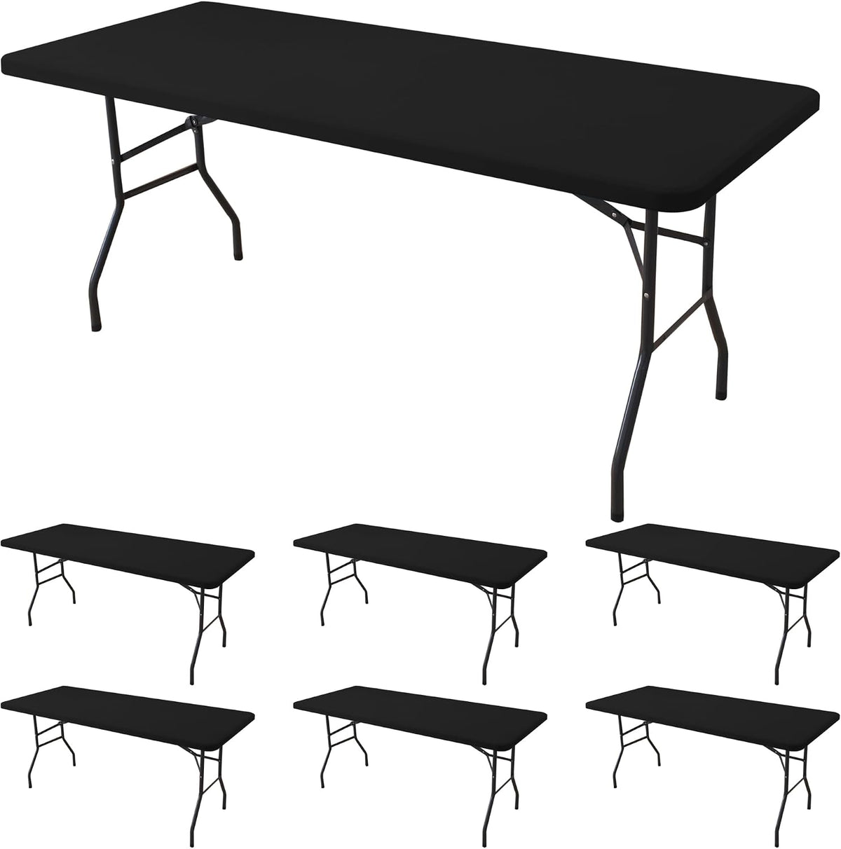 Manteles Elásticos de Spandex para Mesa 6 Pies Negro – Set 6 Piezas, Resistentes al Viento, Lavables