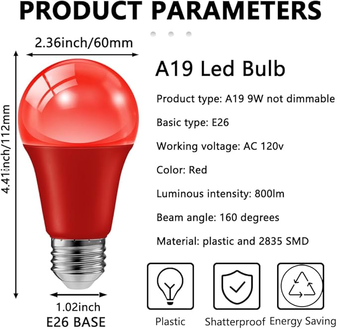 Paquete de 8 bombillas LED de colores A19 de 9 W (equivalente a 60 W), 120 V, base E26, color rojo y verde, ideales para decoración de fiestas, Navidad y Halloween.