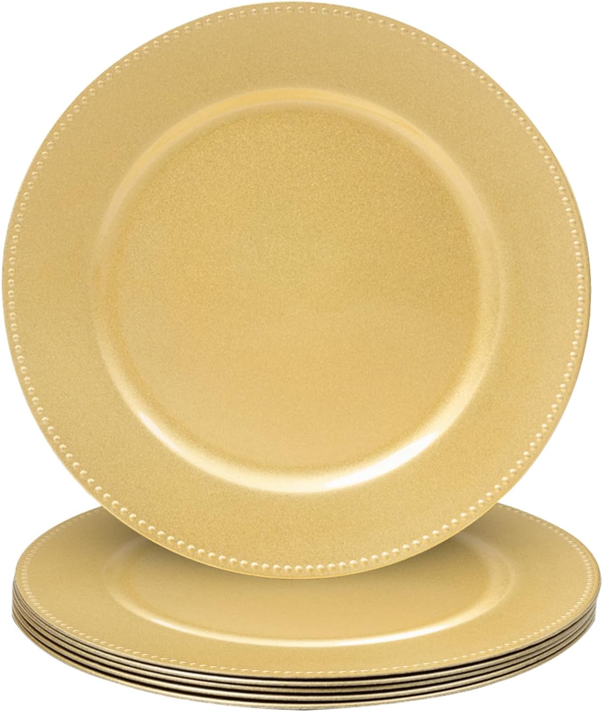 Juego de 6 platos base dorados MAONAME de 13 pulgadas, redondos, con borde de cuentas, de plástico para bodas y fiestas. 