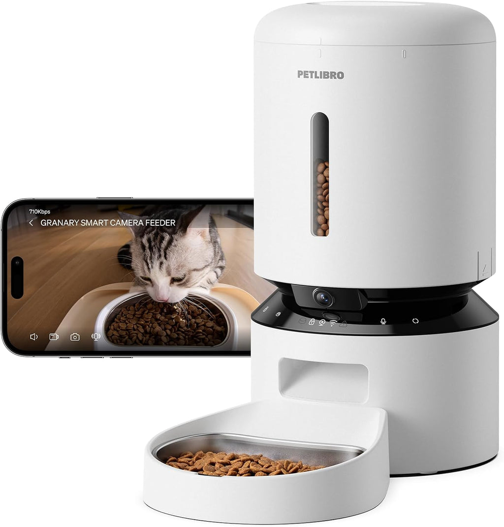 Comedero automático para gatos PETLIBRO con cámara, HD 1080P y visión nocturna, WiFi de 5 GHz/2,4 GHz y cámara. Comedero inteligente para mascotas con control por aplicación, audio bidireccional, alertas de movimiento para gatos y perros, bandeja