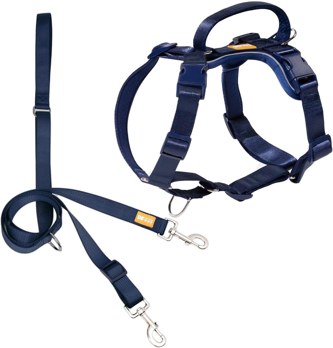DF Freedom No Pull Martingale Dog Harness and Leash Set, Front Clip Adjustable Harness with Reflective & Padded Handle, Easy Walking & Training, Navy Blue, 1", Chest 24.4" - 32.4"