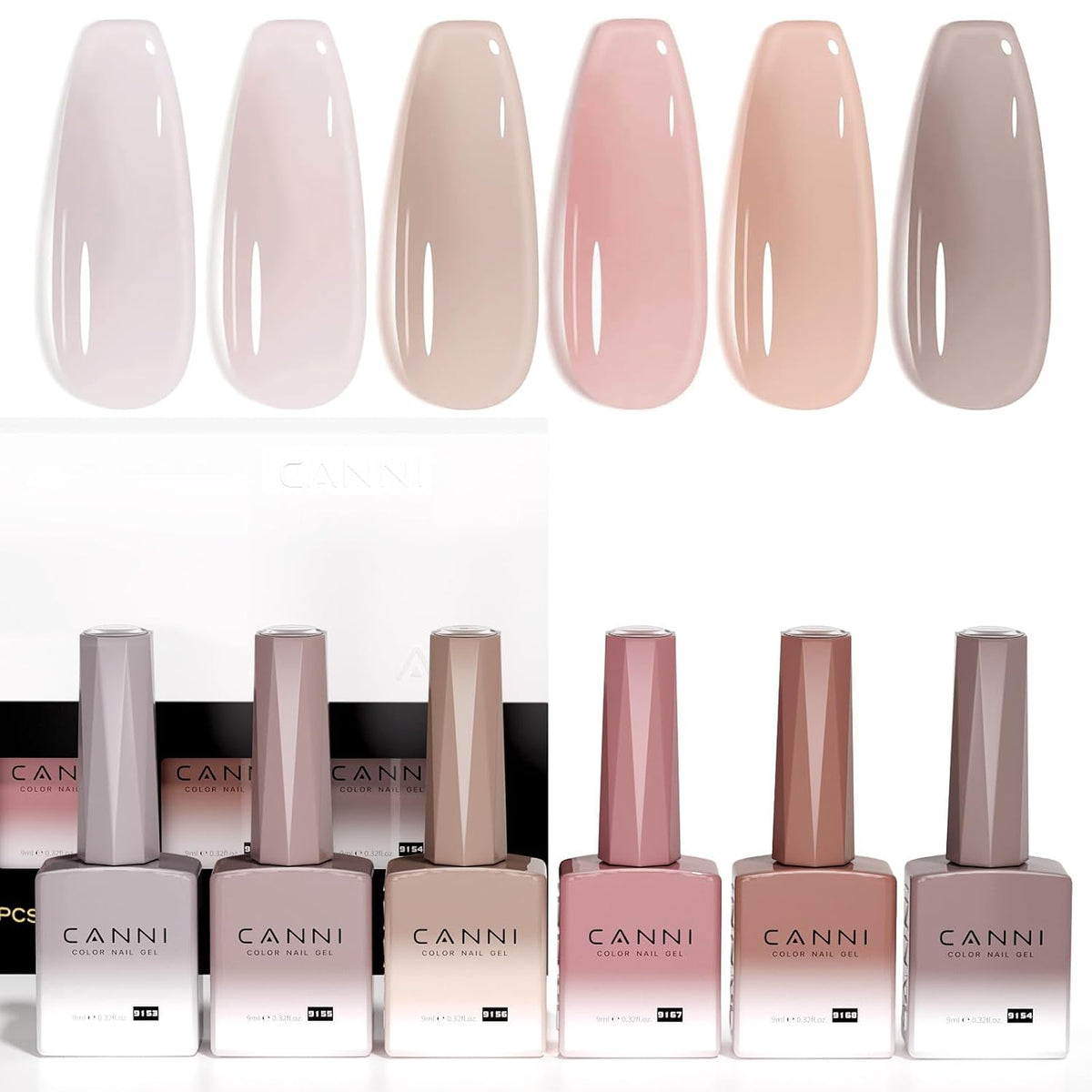 Kit Esmalte Gel Jelly CANNI – 6 Piezas de 9 ml, Colores Rosa Transparente Neutro, Manicura LED Soak Off DIY