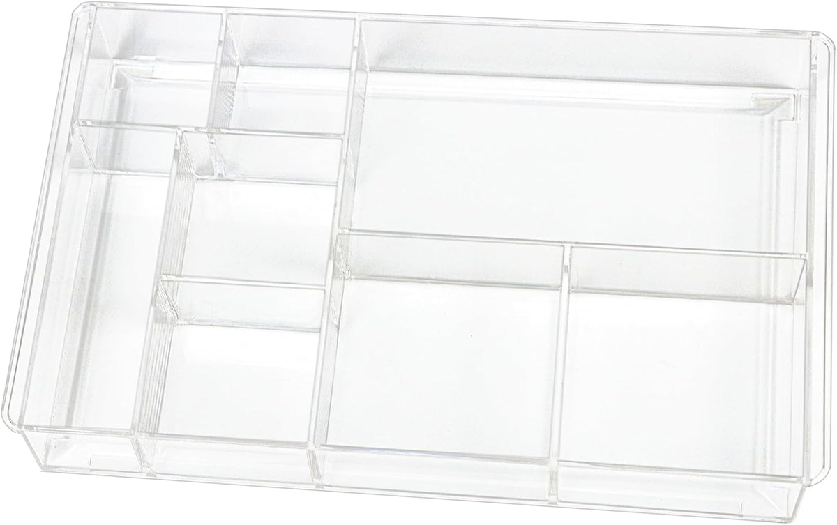 ZEXALOR Organizador de Cajon Transparente 8 Secciones | Bandeja Divisora Grande de Acrilico para Escritorio, Bano y Maquillaje | 13.7x8.7x2 Pulgadas