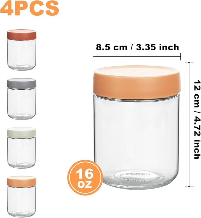 Paquete de 4 tarros de vidrio grueso de 16 onzas con tapa para avena durante la noche, reutilizable a prueba de fugas, frascos de boca ancha, perfecto para toda la noche, avena, fruta