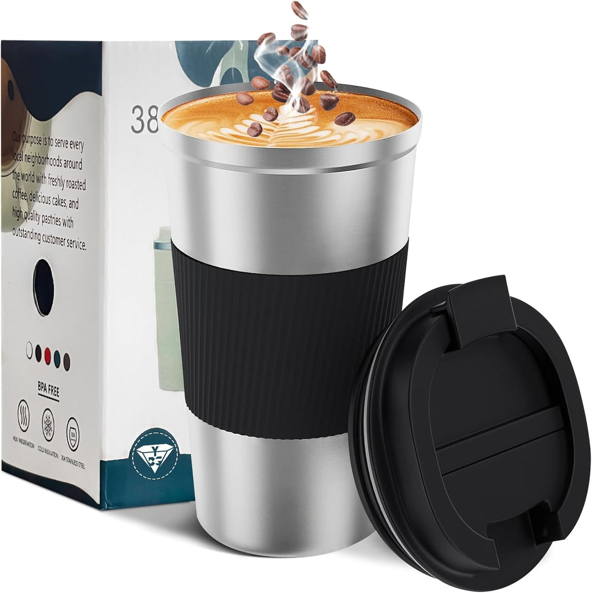 Taza de café de viaje aislada YINBAOGE, a prueba de derrames y fugas, portátil, de acero inoxidable, para llevar de camping, reutilizable, con tapa para bebidas frías y calientes (plateada y negra, 500 ml).