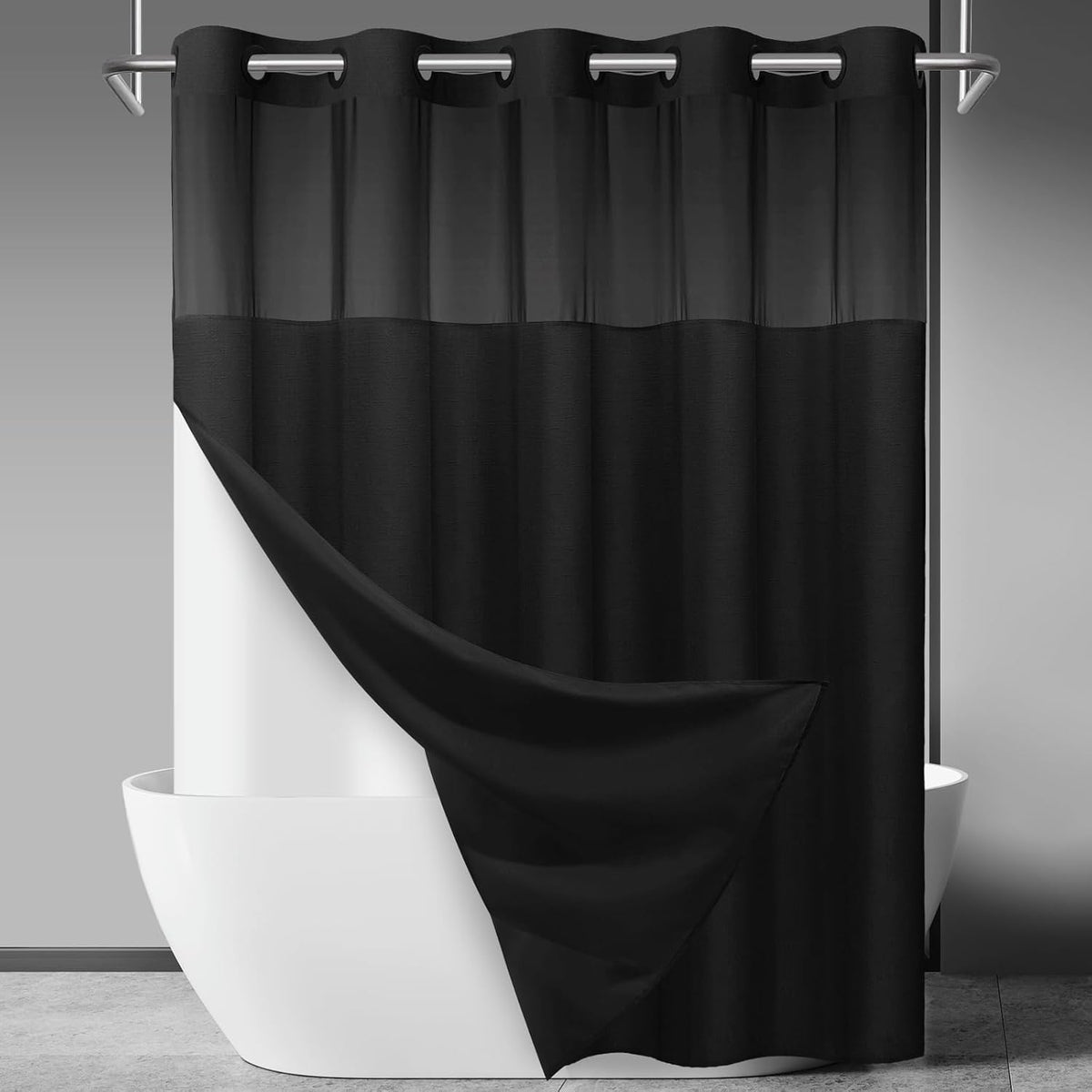 Cortina de ducha SORTTO sin ganchos, con textura irregular y forro con broches - Cortina exterior de tela negra y forro interior impermeable, estilo hotel con ventana superior transparente, 71 x 86 pulgadas.