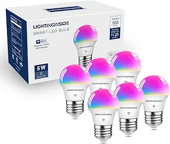 Focos LED Inteligentes Lightinginside E12 Equivalente 60W 500LM 6W RGBCW Tipo Vela para Candelabro, Compatible Alexa Google Home SmartLife, WiFi 2.4G sin Hub Certificado ETL 6 Piezas