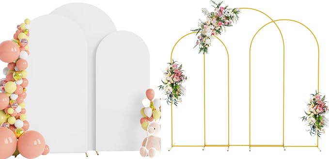Arco Decorativo Wokceer para Bodas y Eventos — Set de 2 Estructuras Metálicas con Funda Blanca 7.2FT y 6FT