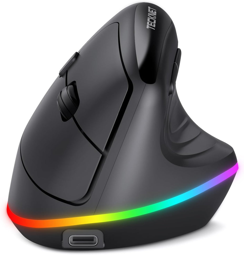 TECKNET Mouse Ergonómico Vertical Inalámbrico RGB Recargable | USB+Bluetooth Multidispositivo | 11 Modos RGB, 4800 DPI Ajustable | Negro