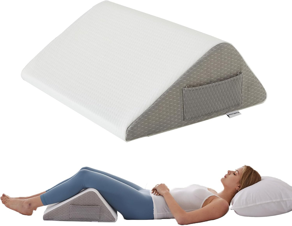 Almohada Bedluxe para rodillas para dormir boca arriba, almohada de cuña para piernas, almohadas de cuña de espuma viscoelástica para piernas después de una cirugía, almohada triangular para soporte de rodillas, elevación de piernas, blanca