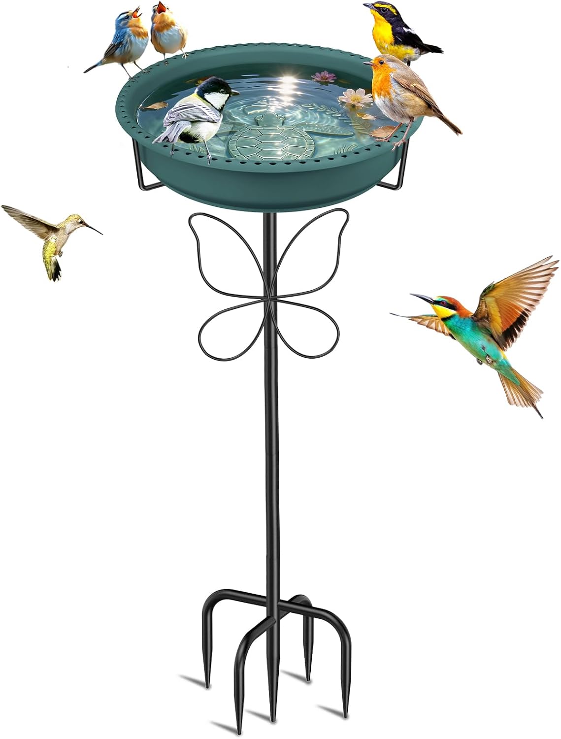 Baño para pájaros YOADEHOA para exteriores, bebedero y comedero independiente para pájaros con cuenco extraíble, comedero para pájaros para exteriores, jardín, patio, césped, decoración, base de 5 puntas y fácil de limpiar (verde)