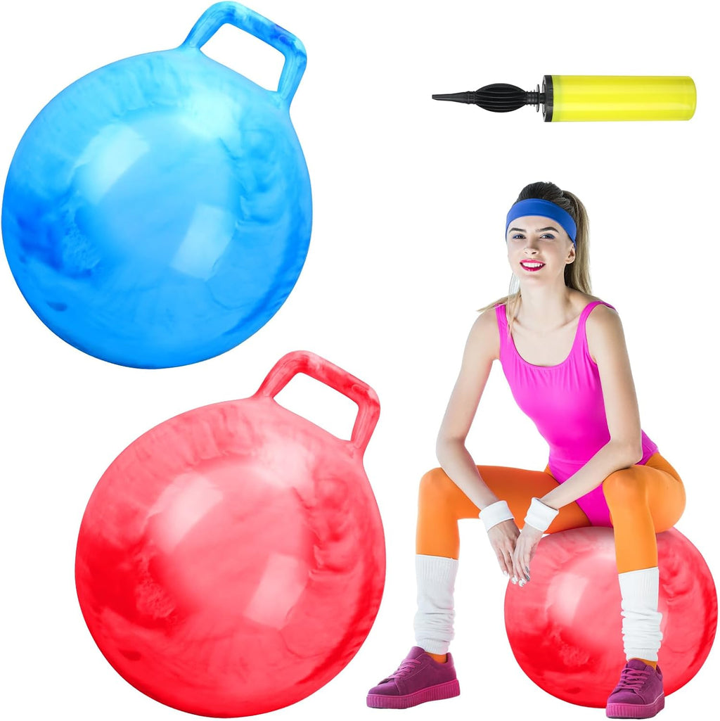 Poen 2 pelotas saltarinas de 29 pulgadas con asa, pelotas saltarinas espaciales con bomba de aire para hacer ejercicio (rojo jaspeado, azul jaspeado)