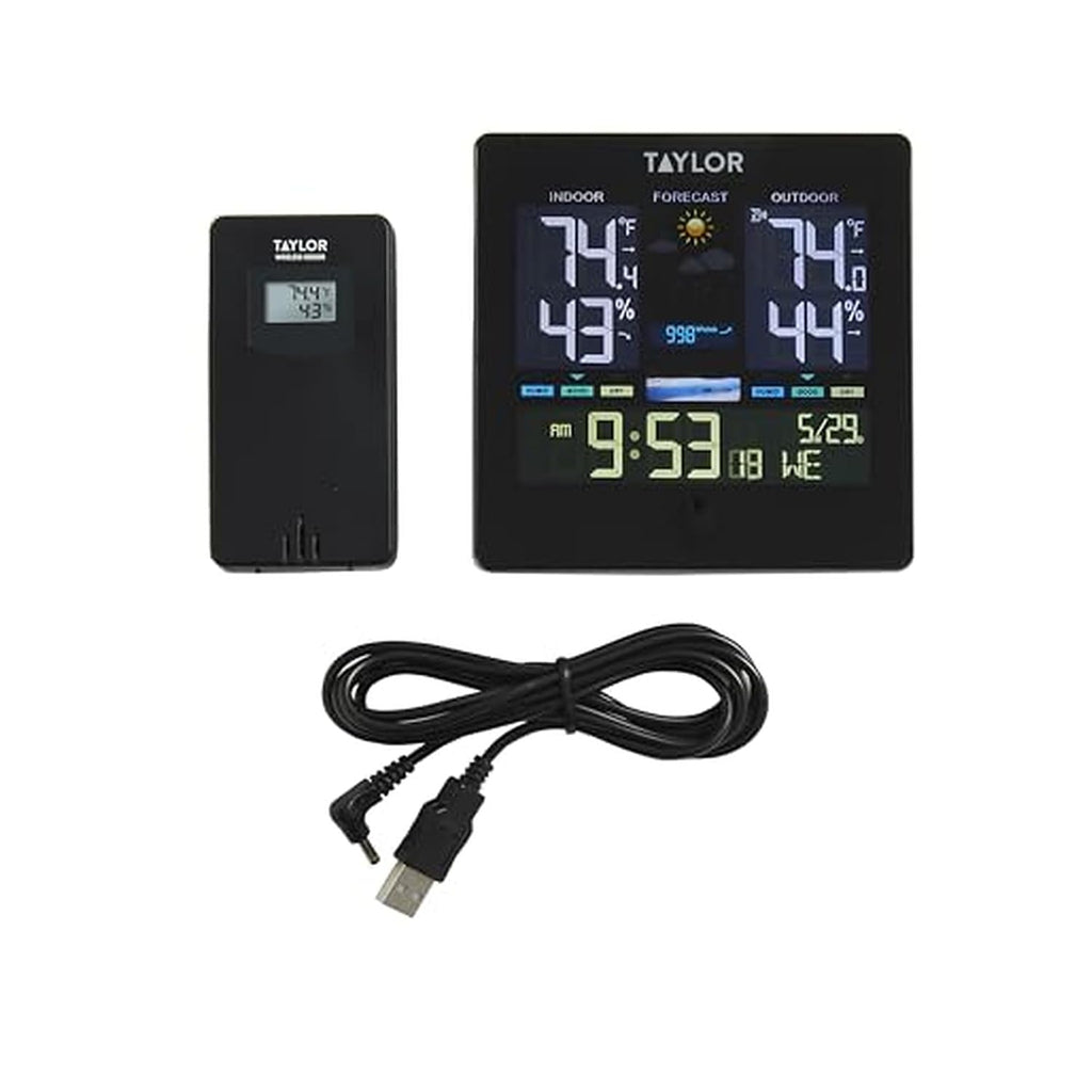 Termómetro digital inalámbrico de lujo Taylor para interiores y exteriores, estación meteorológica con pronóstico, calendario y reloj, pantalla de fácil lectura para el hogar, la oficina, el invernadero, la guardería y áreas interiores, LCD, negro.