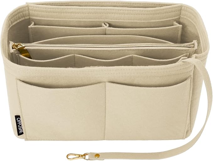 OPPOSHE Organizador de Bolso para Bolsos de Mano, Organizador de Inserción de Bolso de Fieltro Suave para Bolso de Mano, Compatible con LV, Coach, MK, Kate Spade, Goyard, Longchamp (Beige, Mediano)