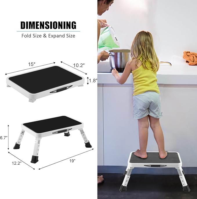 Jocauto Taburete Plegable con Escalón, Taburete con Escalón de Altura Ajustable con Plataforma Antideslizante, Escalera con Escalón para Adultos o Niños en la Cocina, Hogar, Capacidad de 330 Libras