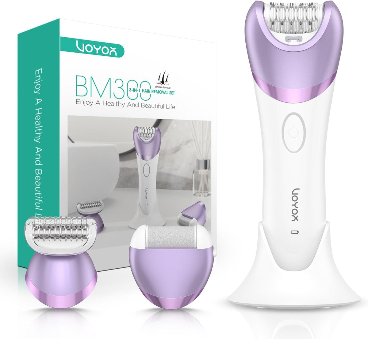 USADO-Depiladora VOYOR para mujer, depiladora inalámbrica para mujer, dispositivo de depilación 3 en 1 para piernas, brazos y rostro con 30 pinzas, afeitadora y recortadora eléctrica recargable para uso en seco y húmedo BM300 (morado)