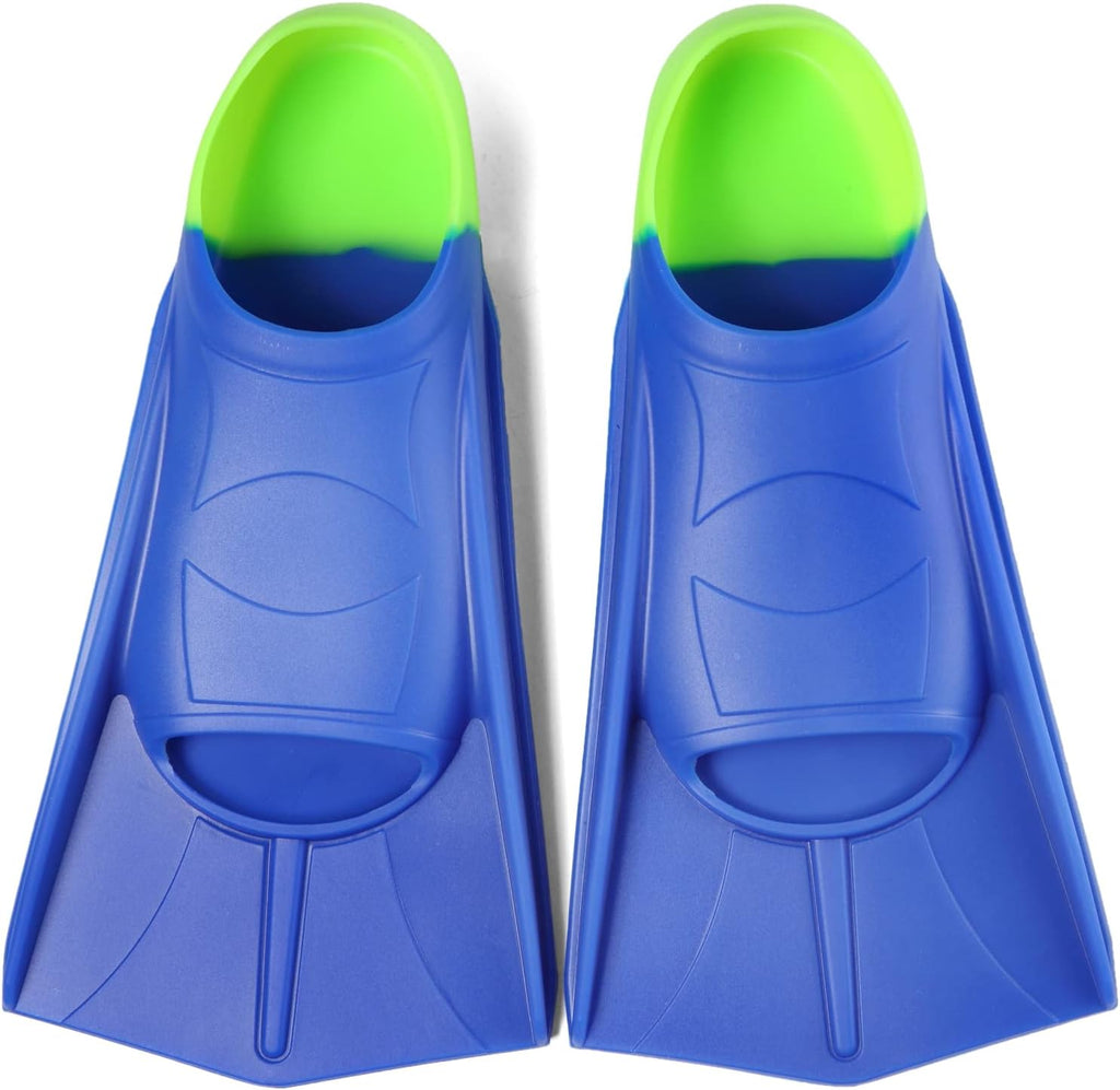 Aletas de natación Fanwill para niños, aletas cortas y cómodas para nadar largos y entrenar para niños, niñas, niños, principiantes y jóvenes (azul y verde lima ácido, talla S).