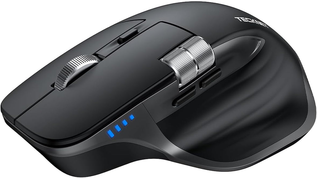 Ratón inalámbrico TECKNET, ratón Bluetooth (BT5.3/5.0 y 2.4G), ratón óptico ergonómico recargable con 6 DPI ajustables, desplazamiento lateral, clics silenciosos, receptor USB A, 7 botones, amplia compatibilidad - Negro 