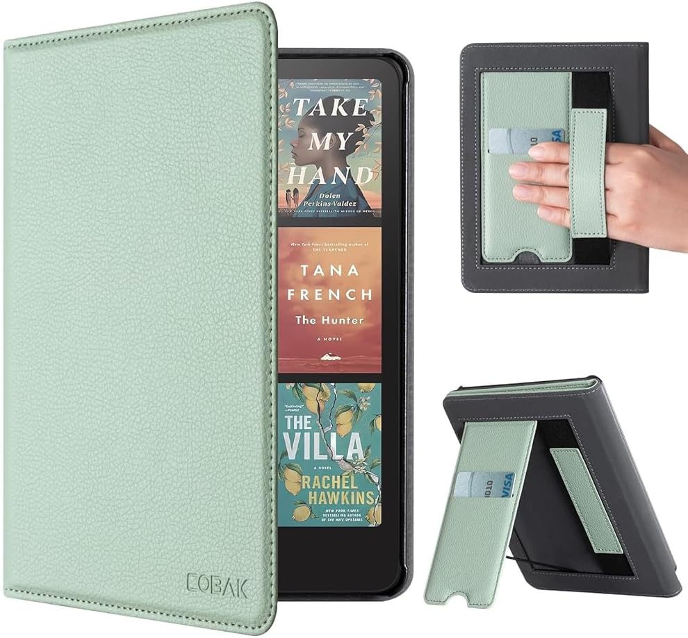 CoBak Funda con Soporte para Kindle Paperwhite 12va Gen 2024 (7") y Kindle Colorsoft | Cuero PU, Auto Sleep/Wake, Ranura Tarjeta, Correa | Verde Salvia
