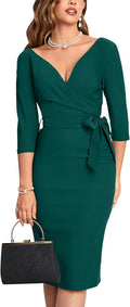 MUXXN Vestido de fiesta clásico formal con cinturón, cuello en V, mangas 3/4 y estilo vintage cruzado para mujer 