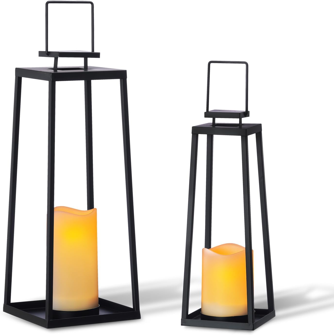 Solar Lantern Decorative Outdoor Set of 2 - Modern Black Iron - 18" & 15" - Solar Candles with Auto On/Off - Weather-Resistant - Hanging or Tabletop - For Porch, Patio, Garden