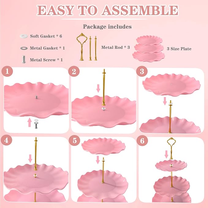 Set Expositor de Postres NAXIHOPT – 2 Torres para Cupcakes 3 Niveles y 2 Bandejas Rosadas (Solo Incluye 2 Bandejas)