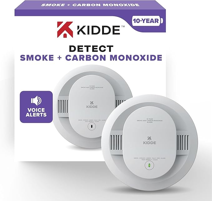 Kidde Detector de humo y monóxido de carbono con alertas de voz | Batería sellada de 10 años | Alarma combinada | Sensor fotoeléctrico | Alarma de CO | Fácil instalación | Modelo 30CUD10-V |